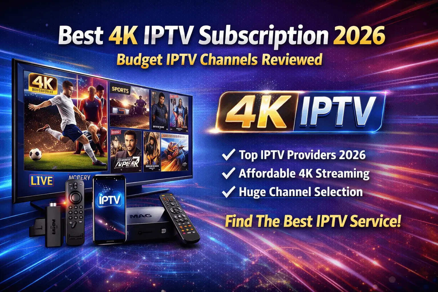 Best 4K IPTV subscription 2026 banner featuring budget IPTV channels and top IPTV services