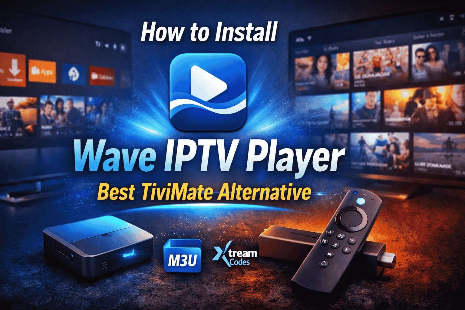 Wave IPTV Player installation guide banner showing app interface on smart TV