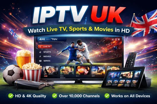 IPTV UK banner featuring live TV, sports, movies, and series in HD and 4K on Smart TV, Firestick, and mobile devices