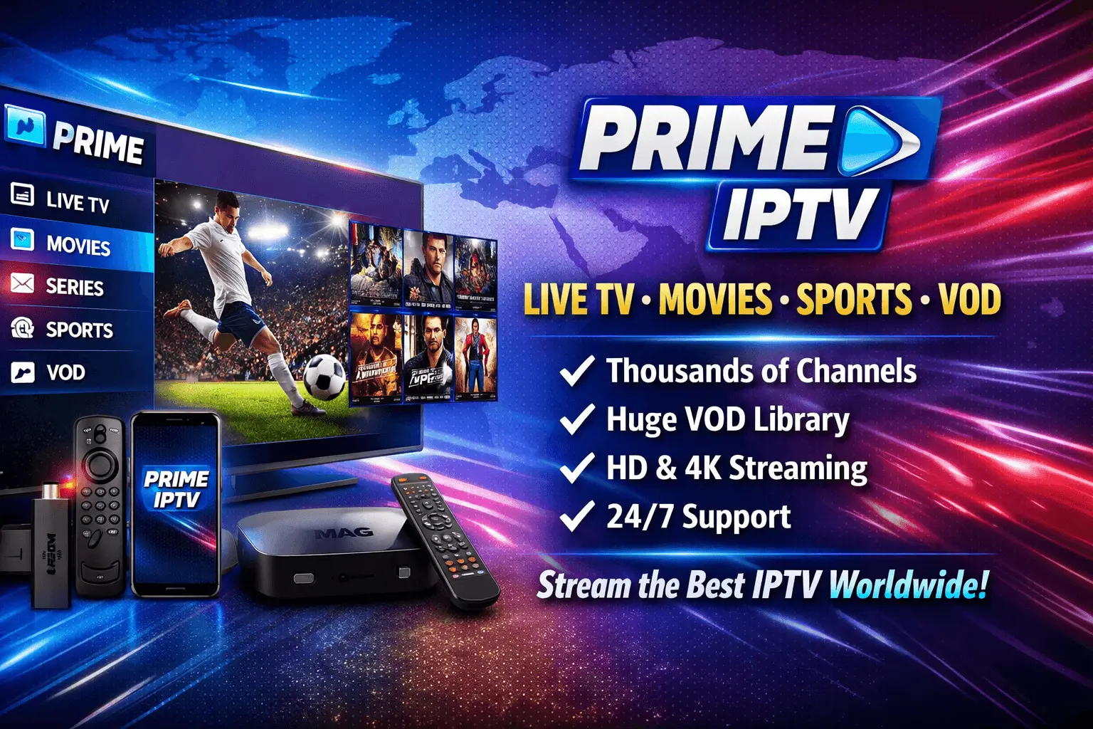 Prime IPTV banner showing live TV, movies, sports, and VOD streaming on multiple devices
