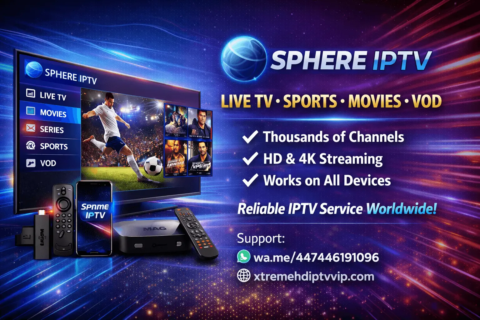 Sphere IPTV banner showcasing live TV, sports, movies, and VOD streaming on multiple devices