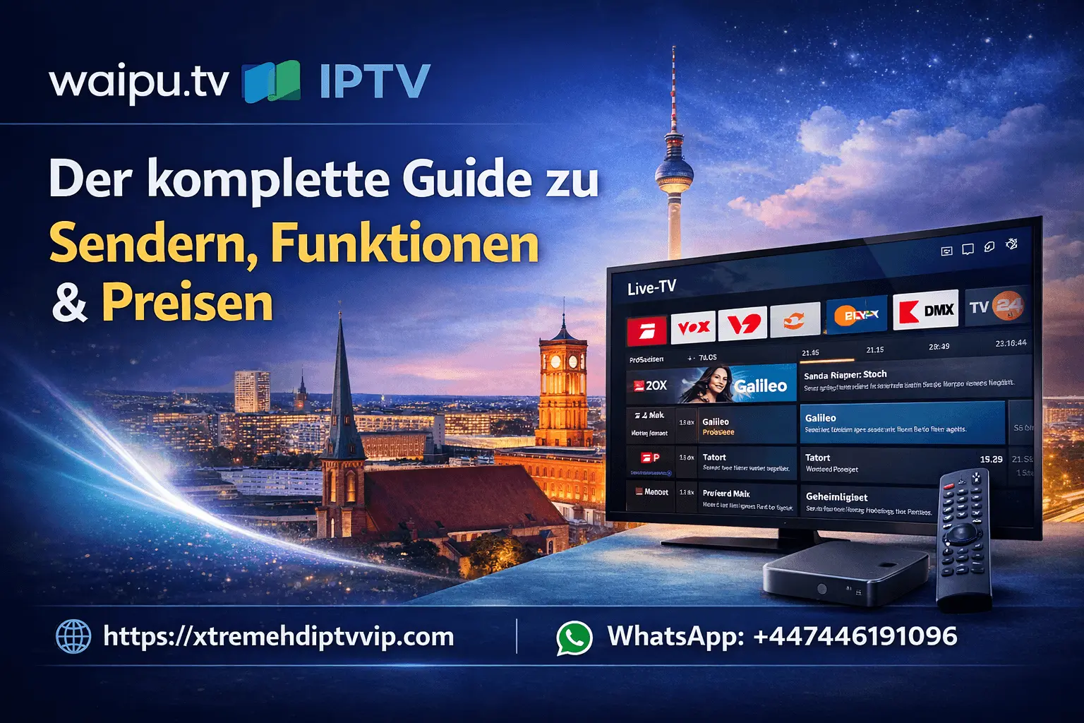 Waipu IPTV Banner mit Senderübersicht, Funktionen und Preisen in Deutschland