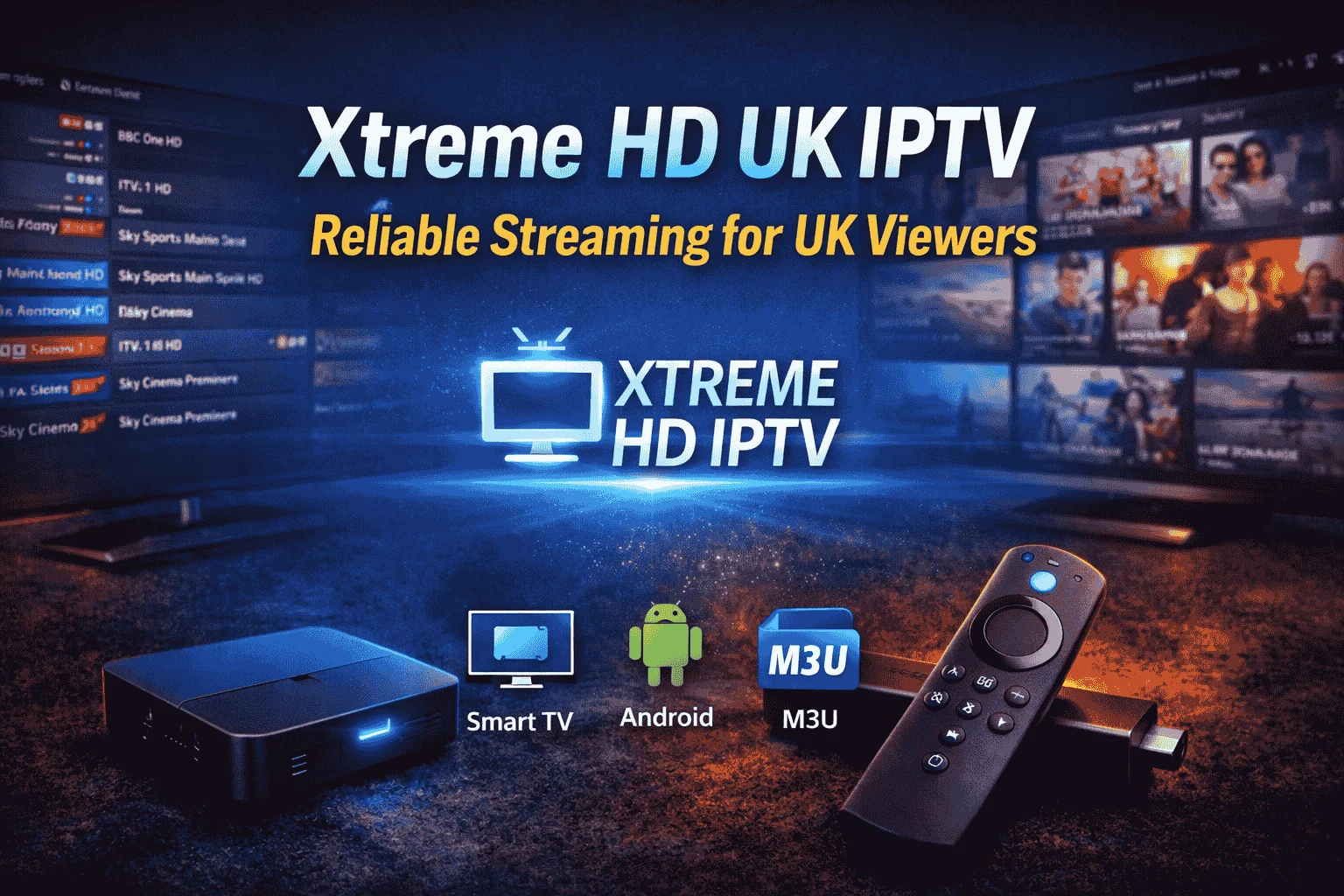 Xtreme HD UK IPTV banner showing streaming interface on smart TV devices